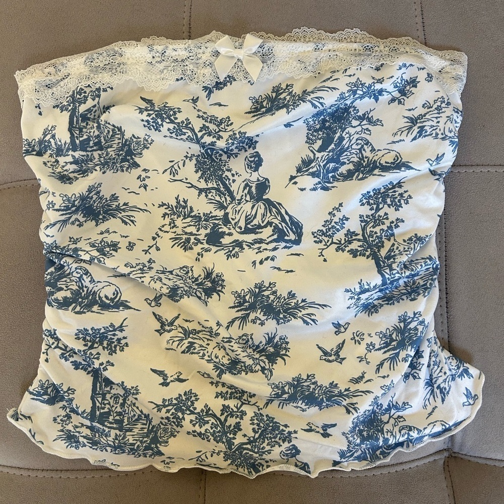 SHEIN Blue & White Toile Print Tube Top w/ Lace Trim, Bow & Cinched Sides